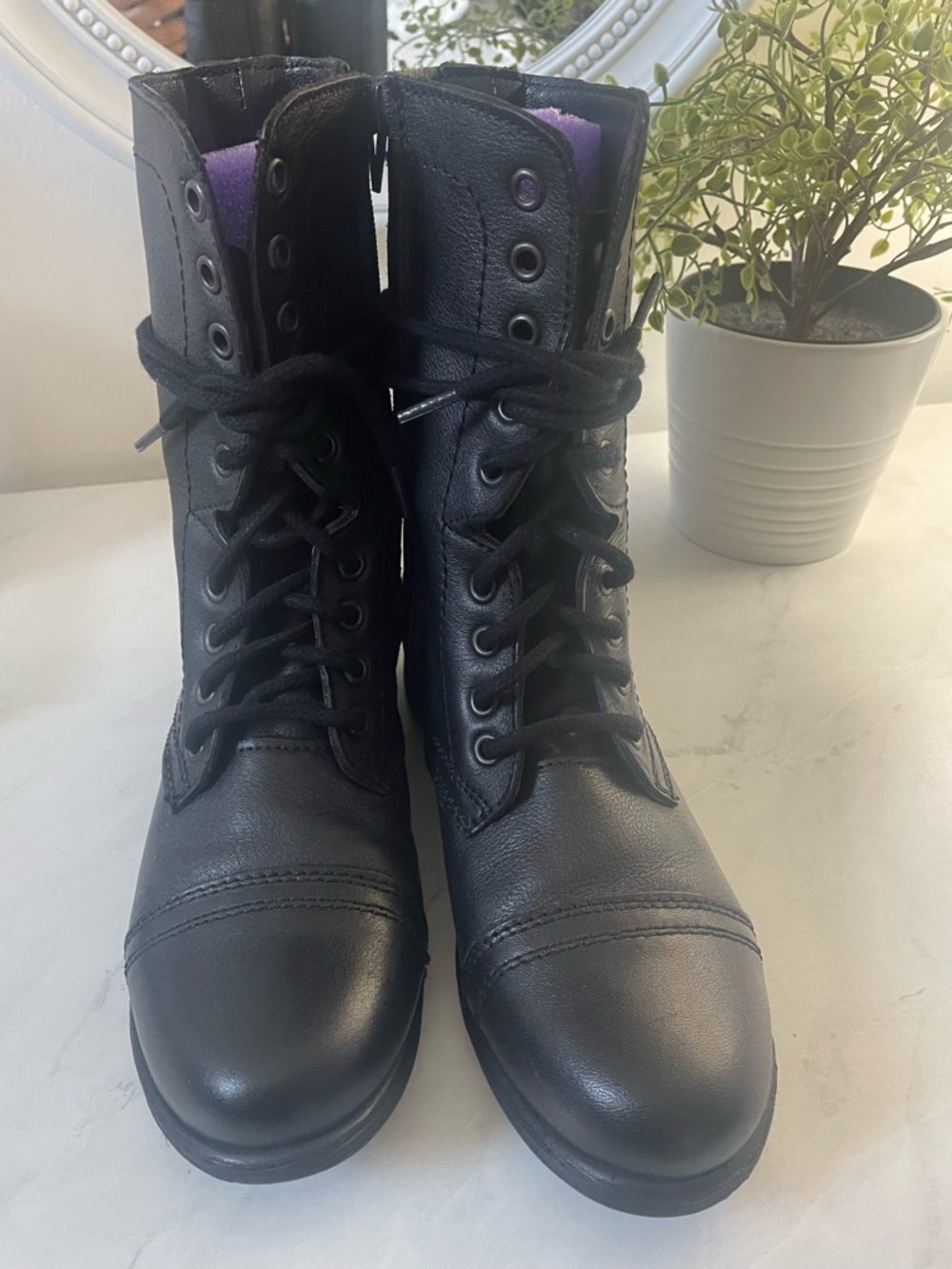 Steve Madden Black Lace-Up Combat Boots with Side Zip - Picture 2 of 5